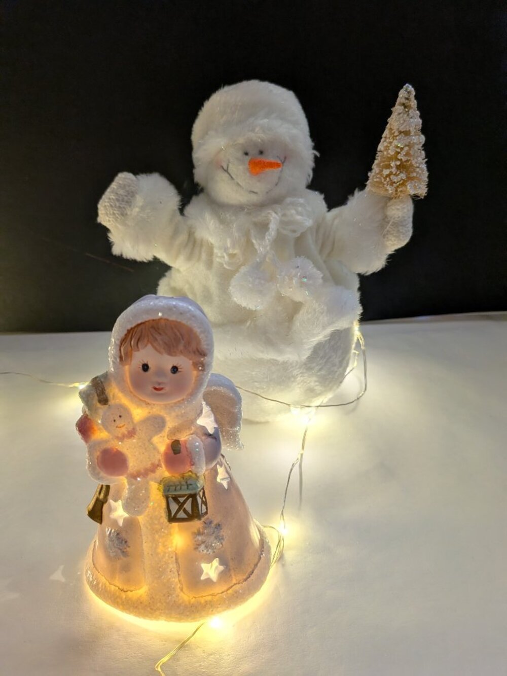 Vintage Russ Firm Stuffed Snowman & Hollow Ceramic Girl Angel Figurine Lot